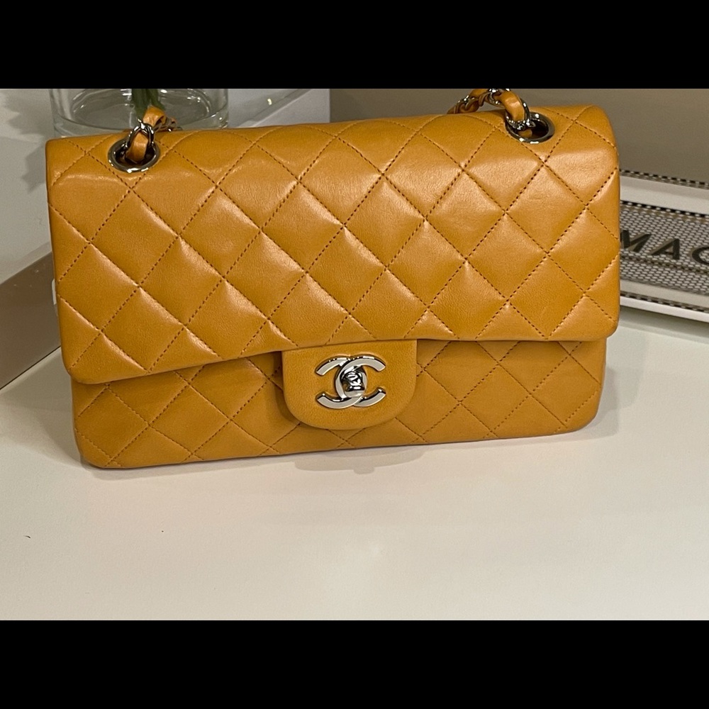 Chanel dark yellow small cf lambskin shw